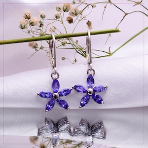 Tanzanite Lever Back Hook Earrings ~ Dainty Women Earrings Set ~ 925 Sterling Silver Jewelry ~ Gift For Her ~ Tanzanite Flower Earrings Pair
