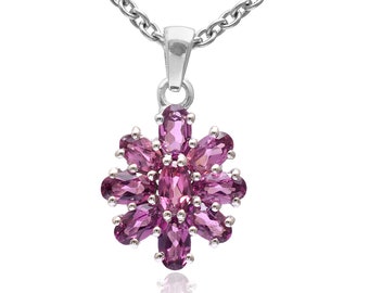 Pendentif En Argent Massif Floral Avec Agate Violette, Rose Et Grenat - Réf D8 - Occasion