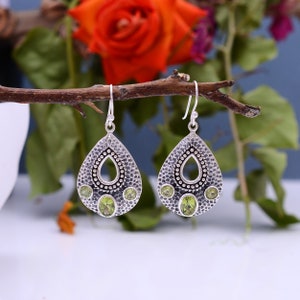 Natural Peridot Sterling Silver Oxidised Fancy Dangle Earrings Pair ~ Antique Jewelry ~ Peridot Gemstone Fine Handmade Silver Earring ~E486