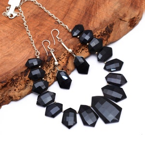 AAA+ Natural Black Onyx Fashion Jewelry Set ~ Bib Necklace ~ Statement Necklace ~ 925 Sterling Silver Handmade Fancy Necklace / Earrings