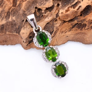 Natural Chrome Diopside 925 Silver Fancy Line Necklace ~ Sterling Silver Chrome Diopside Bar Pendant ~ Vertical Bubble Pendant ~ RB077