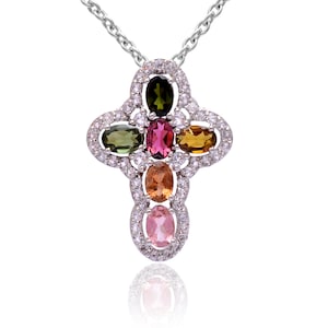Rare Tourmaline Cross Pendant ~ 925 Sterling Silver Jewelry ~ Multi Tourmaline Cross Pendant ~ Anniversary Gift ~ Pendant For Women ~ RS014