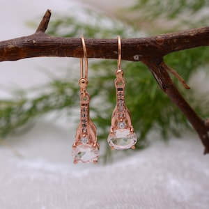 Morganite Dangle Earrings: Rose Gold Sterling Silver, White Topaz