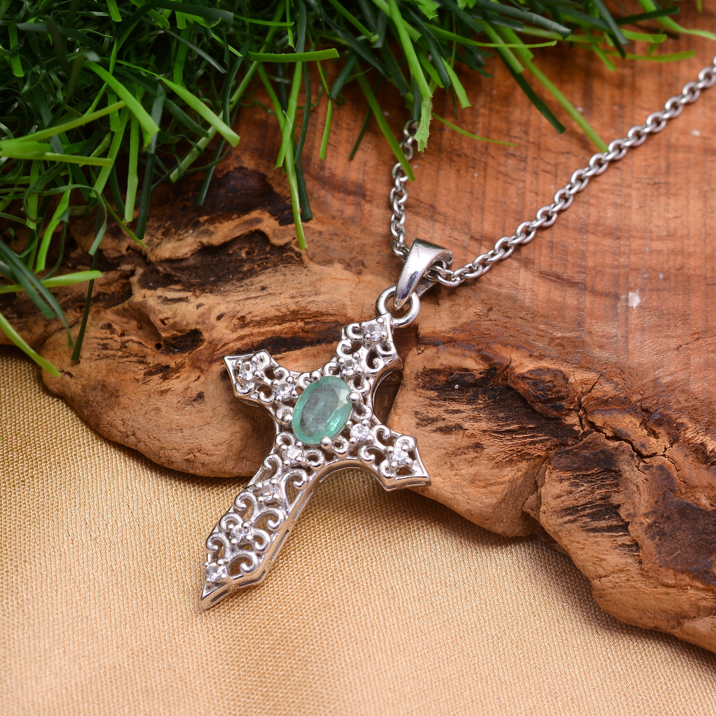Natural Emerald Holy Cross Pendant ~ 925 Sterling Silver Pendant