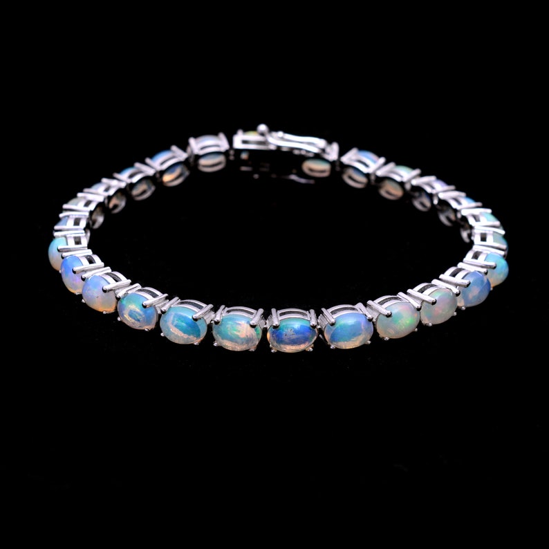 925 Sterling Silver Ethiopian Fire Opal Gemstone Bracelet Natural Ethiopian Welo Opal 7x5mm Oval Tennis Bracelet Dainty Handmade Jewelry image 4