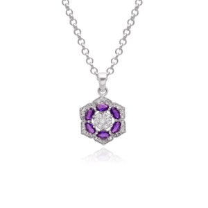 May include: A silver necklace with a pendant featuring a flower design with purple amethyst stones and clear cubic zirconia stones.