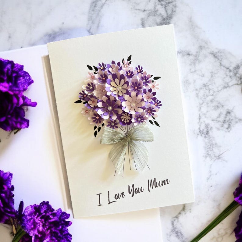 3D Floral Birthday Card A5 | Handmade Purple Personalised Greeting Card, Keepsake Gift for Her