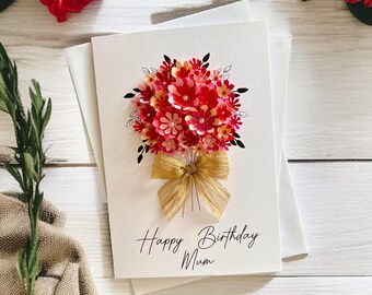 Birthday Card for Mum, Handmade 3D Red Floral Personalised Keepsake Gift for Nan