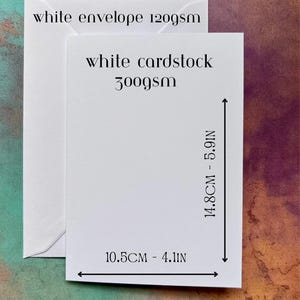 May include: A white cardstock and envelope set. The cardstock measures 4.1 inches wide and 5.9 inches tall. The envelope is labeled "white envelope 120gsm" and the cardstock is labeled "white cardstock 300gsm".