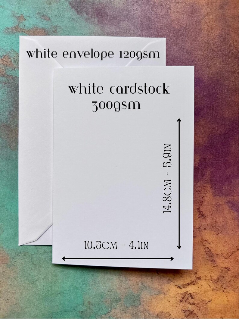 May include: A white cardstock and envelope set. The cardstock measures 4.1 inches wide and 5.9 inches tall. The envelope is labeled "white envelope 120gsm" and the cardstock is labeled "white cardstock 300gsm".