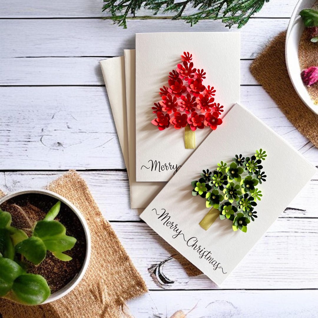 Personalised 3D Christmas Tree Cards Set of 2, Handmade Floral Keepsake ...
