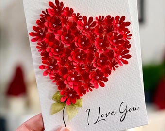 I Love You Card Handmade, Personalised Red Floral Heart Keepsake Gift for Her