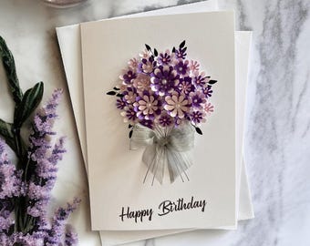 Happy Birthday Card for Her, Handmade 3D Purple Floral Personalised Keepsake Gift