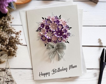 Happy Birthday Card for Mum, Handmade 3D Purple Floral Personalised Keepsake Gift