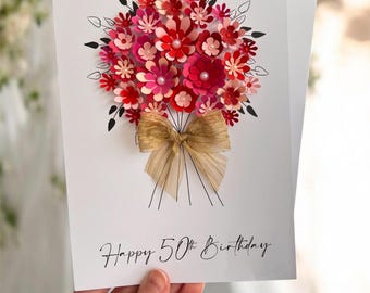 50th Birthday Card for Her, Handmade 3D Red Floral Personalised Milestone Gift