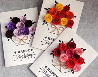 Personalised Quilled Birthday Card, 3D Handmade Floral Basket Keepsake Gift