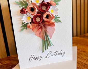 3D Handmade Floral Bouquet Birthday Card | Luxury A5 Peony Design, Custom Name Gift