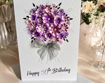 50th Birthday Card for Her, Handmade 3D Purple Floral Personalised Milestone Gift