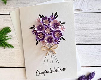 Congratulations Card, Handmade 3D Purple Floral Personalised Keepsake Gift for Her