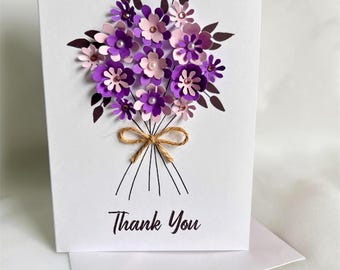 Thank You Card Handmade, 3D Purple Floral Personalised Keepsake Gift for Her