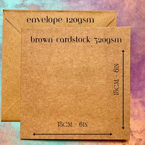 May include: A brown cardstock sheet and envelope, both in a natural kraft color. The cardstock measures 6 inches by 6 inches and is labeled as 320gsm. The envelope is labeled as 120gsm.