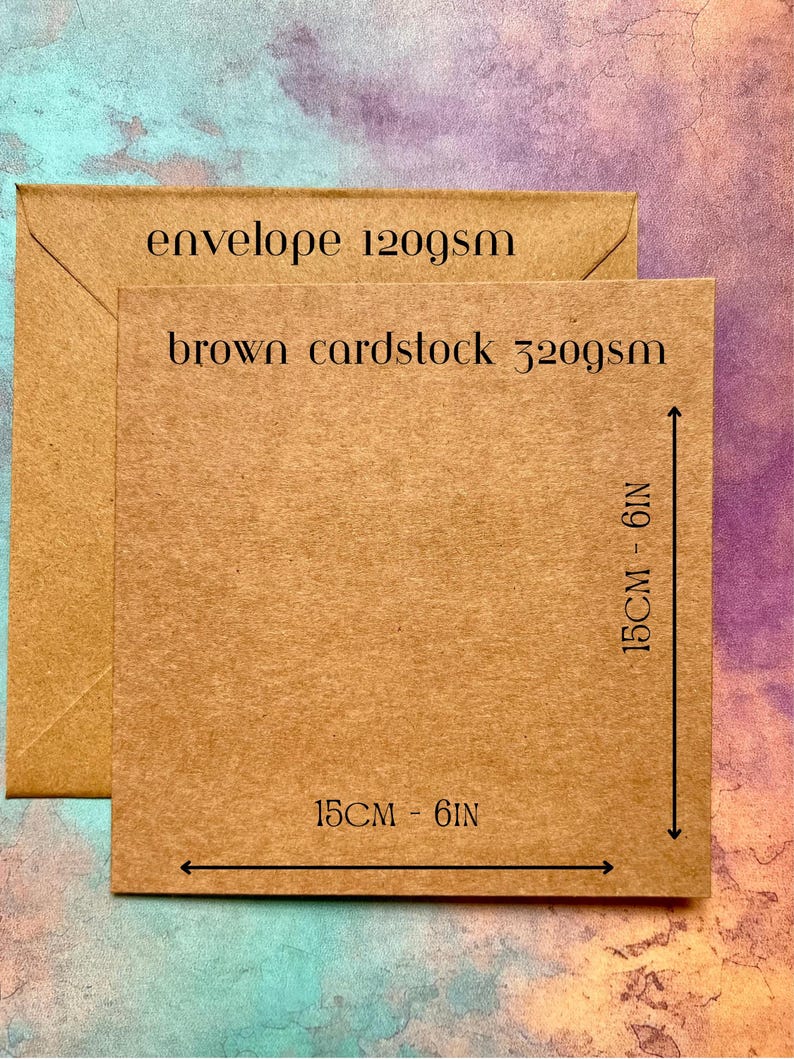May include: A brown cardstock sheet and envelope, both in a natural kraft color. The cardstock measures 6 inches by 6 inches and is labeled as 320gsm. The envelope is labeled as 120gsm.