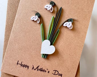 Handmade Quilled Snowdrop Card | Personalised Mother's Day Greeting | Spring Flower Keepsake