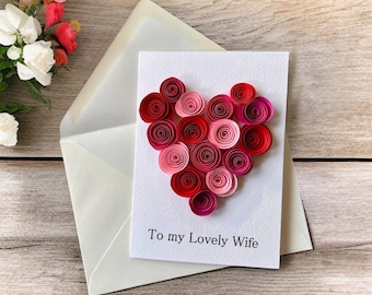 Personalised Birthday Card for Wife, Handmade 3D Quilled Red Heart Ivory Keepsake Gift