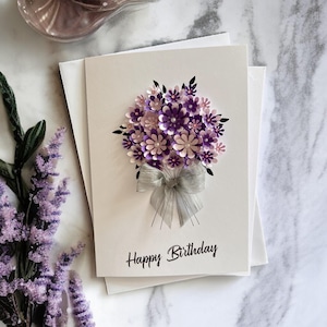 3D Floral Birthday Card A5 | Handmade Purple Personalised Greeting Card, Keepsake Gift for Her