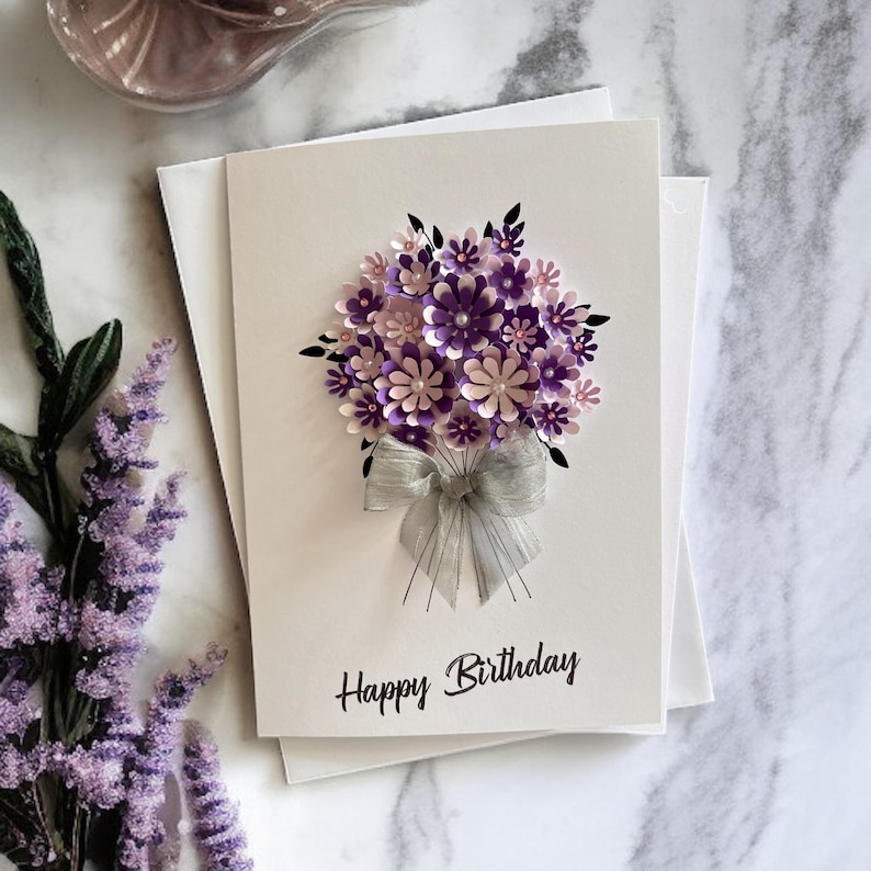 3D Floral Birthday Card A5 | Handmade Purple Personalised Greeting Card, Keepsake Gift for Her