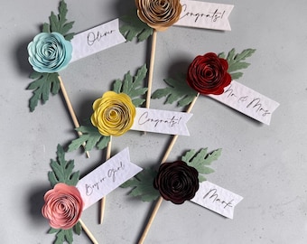 Handmade Paper Flower Cupcake Toppers, Wedding Baby Shower Boho Floral Party Decor Custom Colours