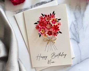 Personalised Birthday Card for Mum, Handmade 3D Red Floral Milestone Keepsake Gift