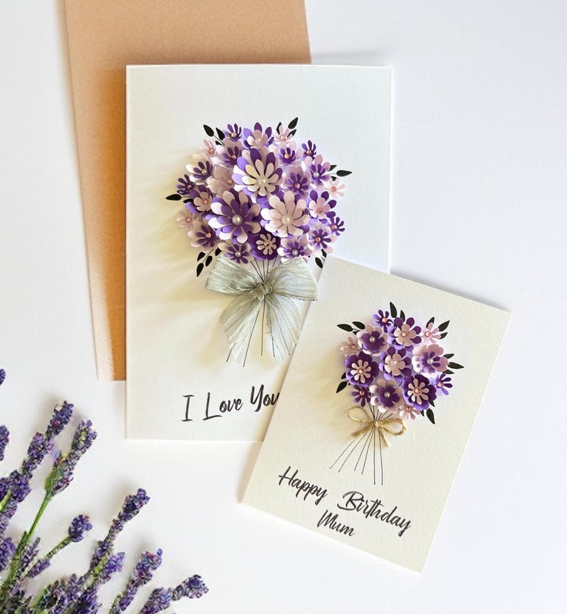 3D Floral Birthday Card A5 | Handmade Purple Personalised Greeting Card, Keepsake Gift for Her