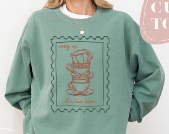 It’s Tea Time Comfort Colors Sweatshirt, Cozy Up Sweatshirt, Fall Season Gift, Vintage Lover Sweatshirt, Stamp Retro Sweater, Gift for Her