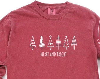 Camiseta navideña Comfort Colors, camiseta de manga larga alegre y brillante, camiseta navideña Comfort Colors, camiseta navideña de manga larga, Navidad minimalista