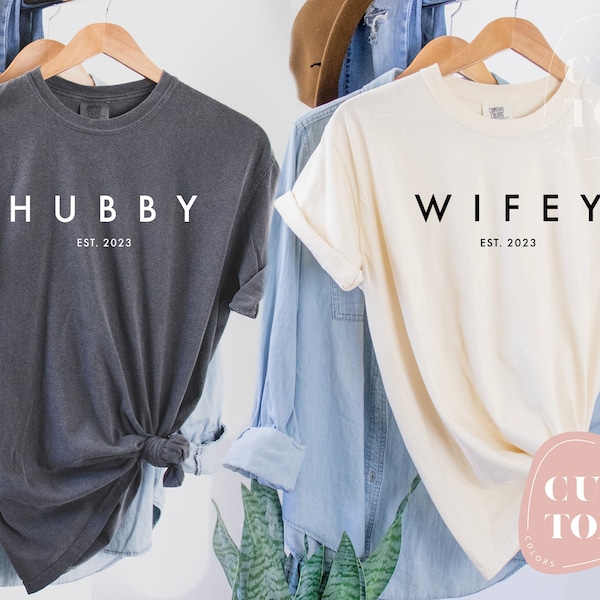 Custom Design Hubby & Wifey Shirt, Comfort Color Tshirt, Wedding Party Shirt, Honeymoon Shirt, Wedding Gift, Wife Husband Engagement Gift