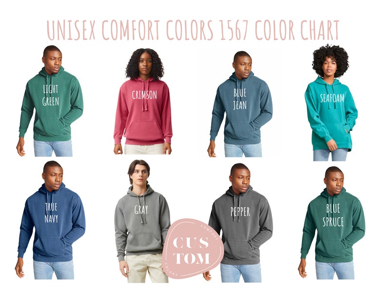 Puede incluir: Carta de colores que muestra 10 colores diferentes de sudaderas con capucha unisex. Los colores son: Verde claro, Carmes&iacute;, Gris, Azul marino, Vaquero azul, Espuma de mar, Pimienta, Azul abeto.