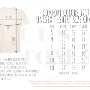 May include: Unisex t-shirt size chart with measurements in inches for sizes S through 3XL. The chart shows width, chest, and length measurements for each size.