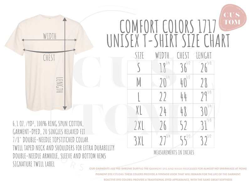 May include: Unisex t-shirt size chart with measurements in inches for sizes S through 3XL. The chart shows width, chest, and length measurements for each size.