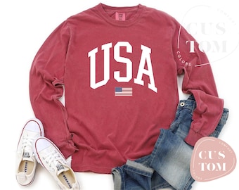Camiseta de manga larga con la bandera de EE. UU., camiseta del 4 de julio, camiseta grande de EE. UU., camiseta de colores cómodos de EE. UU., camiseta con la bandera de EE. UU., camiseta con colores cómodos de EE. UU.