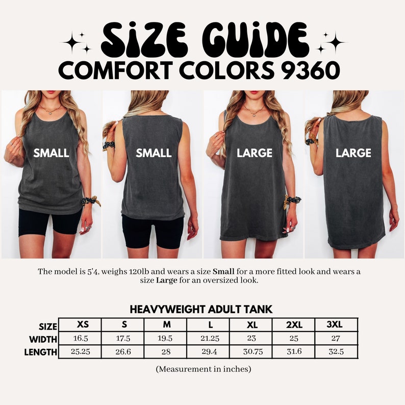 Op de afbeelding: Maattabel voor een zwaargewicht tanktop voor volwassenen in verschillende maten van XS tot 3XL. De tabel toont de breedte- en lengtemaat in inches voor elke maat.