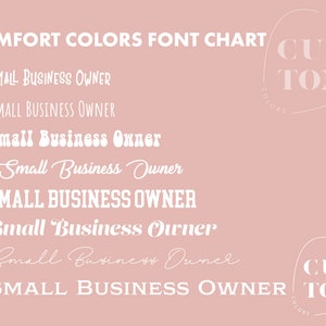 Puede incluir: Un gr&aacute;fico que muestra ocho estilos de fuente diferentes para la frase "Small Business Owner" en texto blanco sobre un fondo rosa claro. El gr&aacute;fico se titula "Comfort Colors Font Chart" e incluye el logotipo "Comfort Colors Custom".