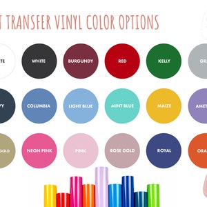 Puede incluir: Una tabla de opciones de color de vinilo de transferencia de calor. La tabla muestra 18 colores diferentes, incluyendo blanco, rojo, azul marino, azul claro, rosa y naranja. Los colores est&aacute;n dispuestos en tres filas de seis colores cada una. La tabla est&aacute; etiquetada como "Opciones de color de vinilo de transferencia de calor".