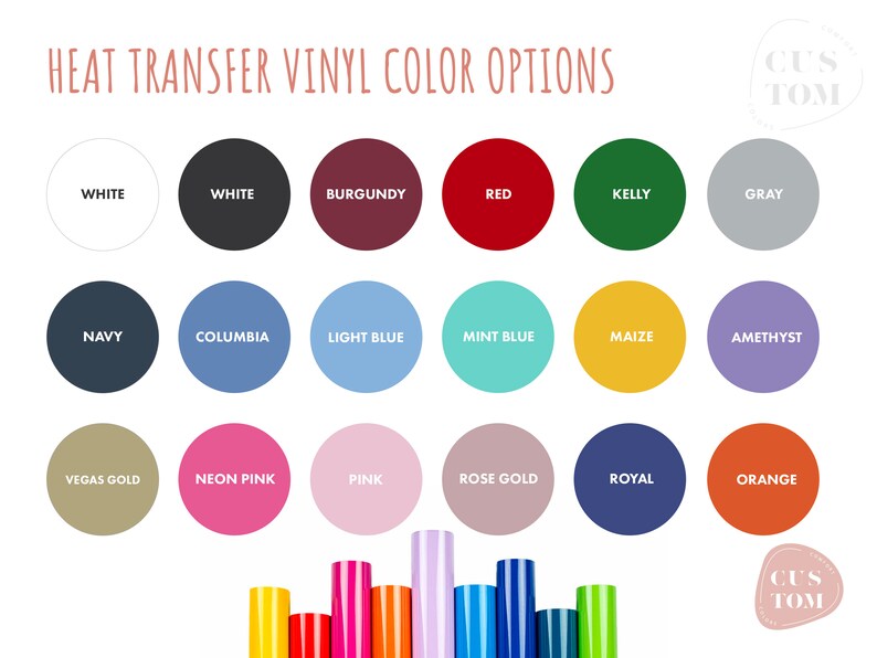 Puede incluir: Una tabla de opciones de color de vinilo de transferencia de calor. La tabla muestra 18 colores diferentes, incluyendo blanco, rojo, azul marino, azul claro, rosa y naranja. Los colores est&aacute;n dispuestos en tres filas de seis colores cada una. La tabla est&aacute; etiquetada como "Opciones de color de vinilo de transferencia de calor".