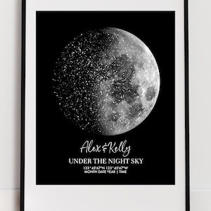 May include: Black and white framed print featuring a detailed depiction of the moon and stars against a dark background. The print includes the text "Alex & Kelly UNDER THE NIGHT SKY" along with coordinates, date, and time.