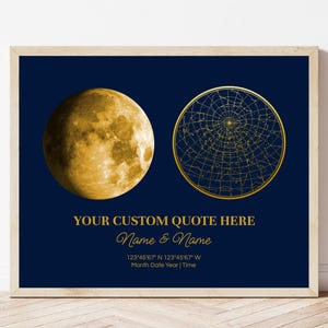 May include: A framed print with a dark blue background, displaying a full moon and a gold star map. Gold text reads "YOUR CUSTOM QUOTE HERE" and "Name & Name". Coordinates and a date are also included in gold lettering.