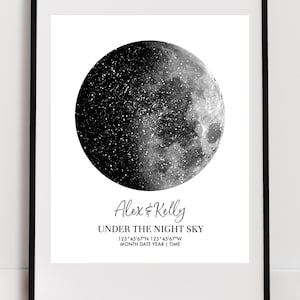 Op de afbeelding: Een ingelijste print met een gedetailleerde grijswaardenweergave van de maan. De print bevat de namen "Alex & Kelly" en de zin "UNDER THE NIGHT SKY", samen met coördinaten en een datum/tijdlijn. Het kunstwerk staat tegen een witte achtergrond.