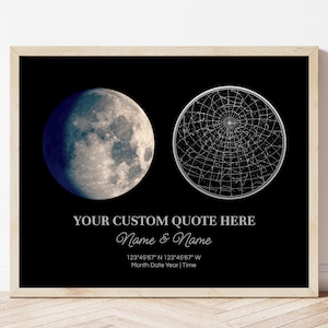 May include: Framed print with a moon and star map on a black backdrop. The text "YOUR CUSTOM QUOTE HERE" and personalized details are displayed below the images. The frame is a light wood colour. Measurements are in degrees.