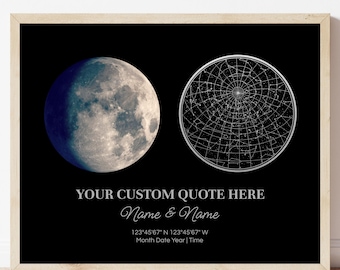 以下が含まれることがあります： 黒い背景に月と星図が描かれたフレームプリント。テキスト「YOUR CUSTOM QUOTE HERE」とパーソナライズされた詳細が下に表示されています。フレームは明るい木の色です。 測定は度単位です。