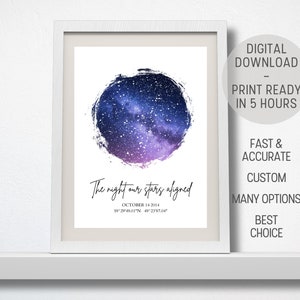 Carte des étoiles personnalisée | Impression de ciel nocturne | Carte du monde personnalisée | Etoiles de la nuit | Carte des étoiles | Carte du ciel | Mariage | Anniversaire | Anniversaire | Carte de la galaxie